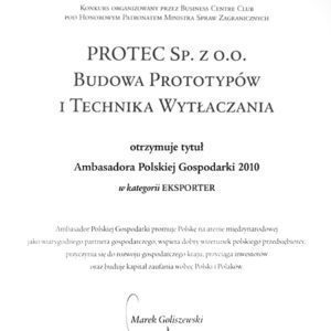 Protec Sp. z o.o. Ambasador Polskiej Gospodarki 2010