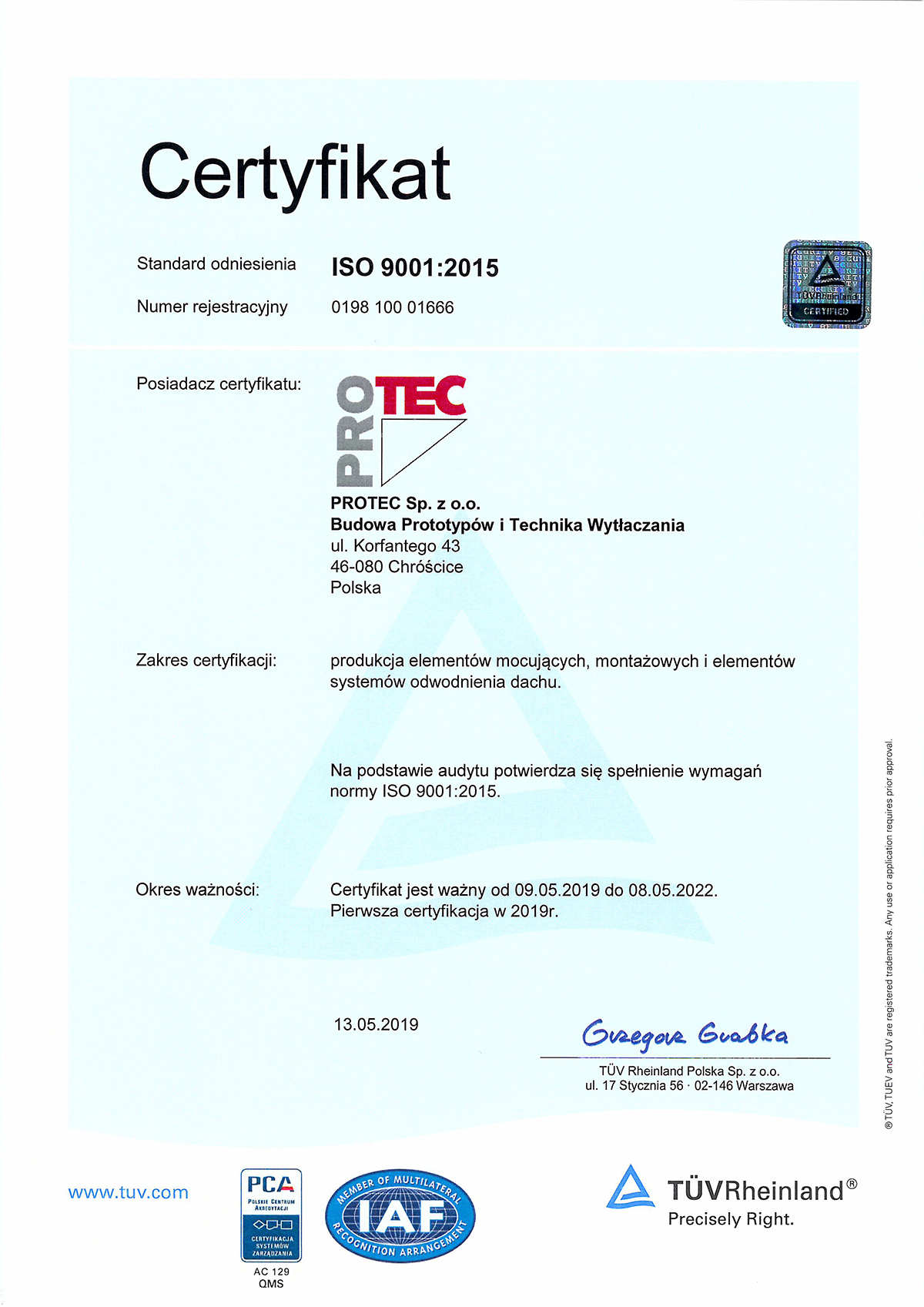 Certyfikat TÜV Rheinland dla PROTEC Sp. z o.o.