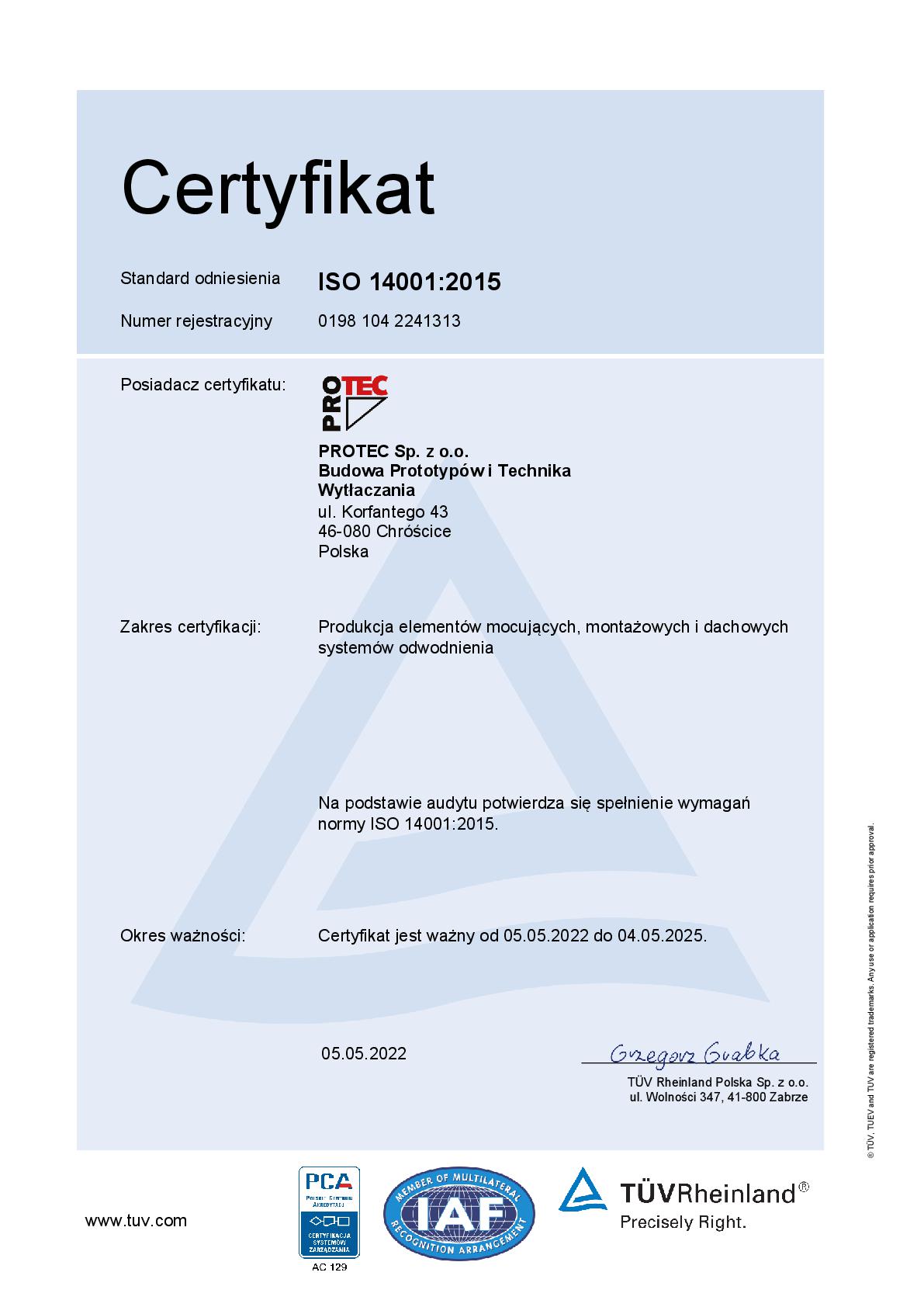 Certyfikat TÜV Rheinland Norm ISO 9001:2015 oraz ISO 14001:2015 dla PROTEC Sp. z o.o. 2