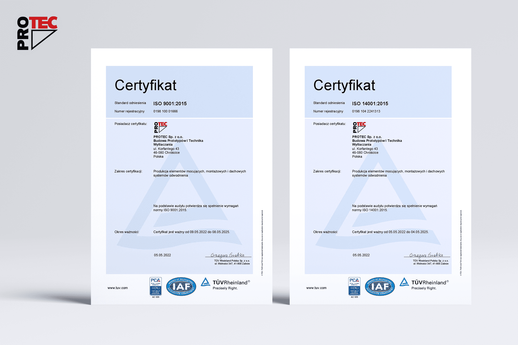 Certyfikat TÜV Rheinland Norm ISO 9001:2015 oraz ISO 14001:2015 dla PROTEC Sp. z o.o. 1