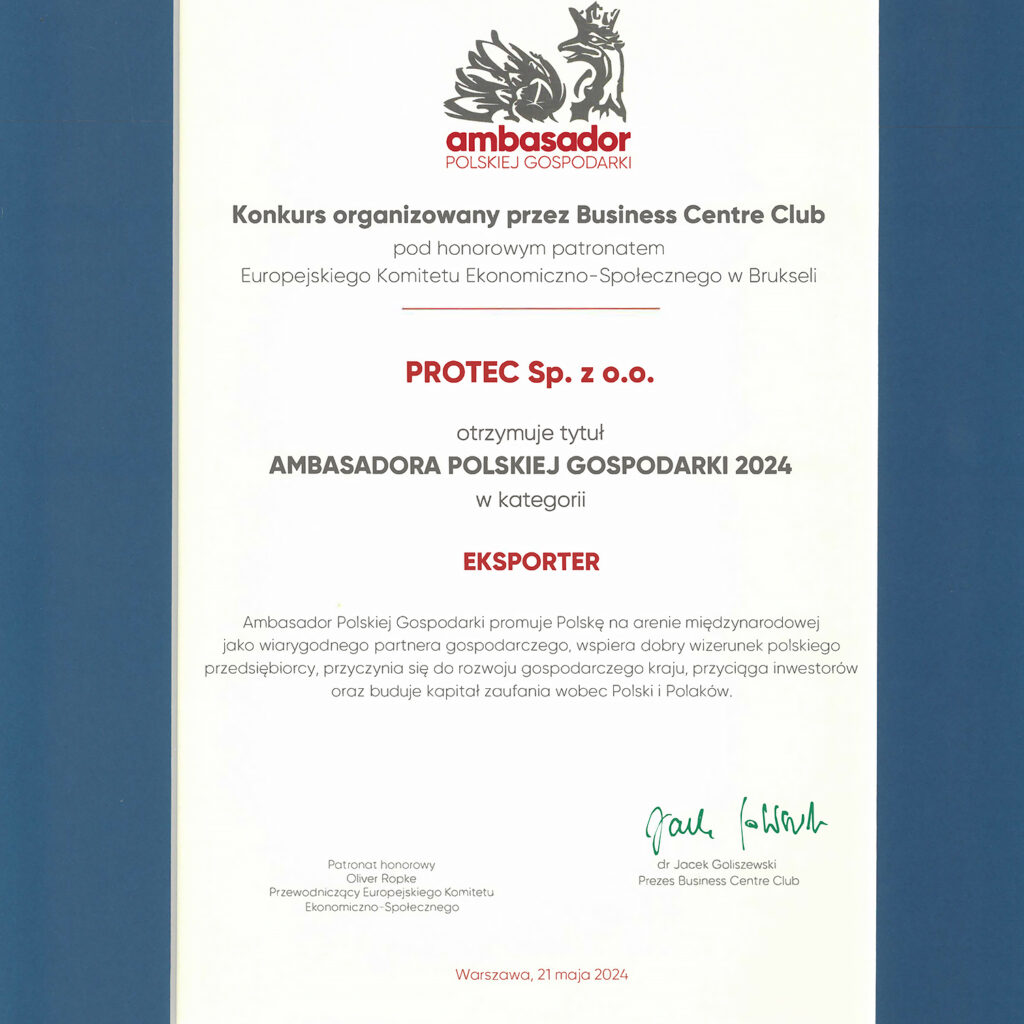 PROTEC Sp. z o.o. – Ambasadorem Polskiej Gospodarki 2024 w Kategorii Eksporter