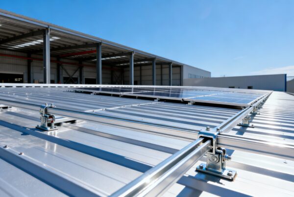 Photorealistic solar mounting systems with aluminum rails and clamps installed on a clean metal roof of an industrial building, bright sunny day.