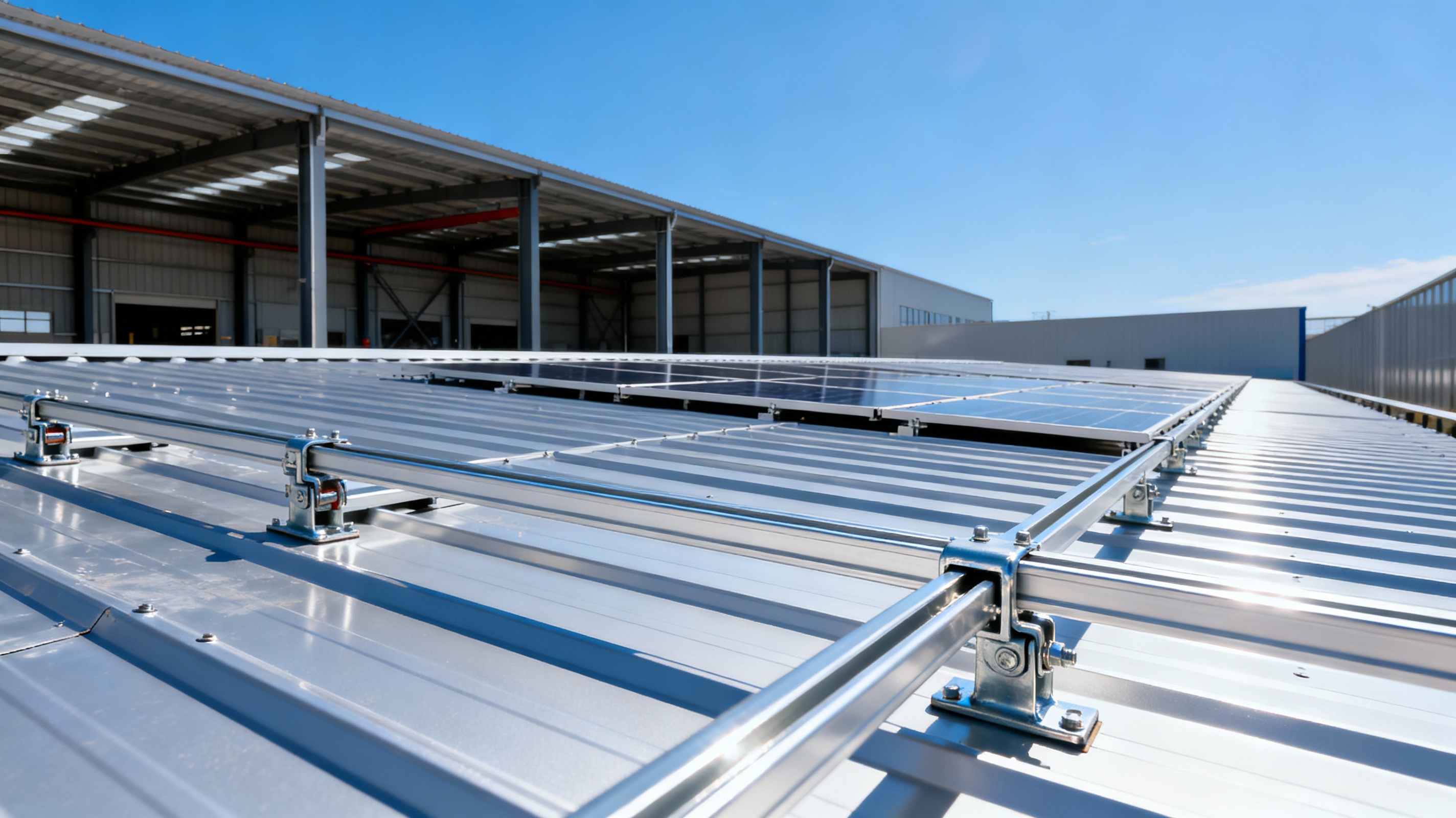 Photorealistic solar mounting systems with aluminum rails and clamps installed on a clean metal roof of an industrial building, bright sunny day.